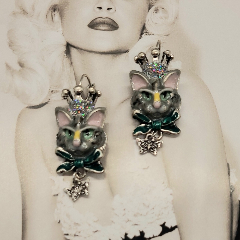 Vintage Estate Collectible Signed Kirks Folly Princess Kitty Silver Earrings - Picture 9 of 11
